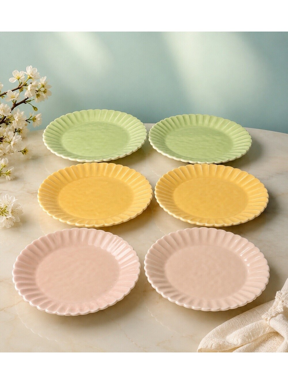 Crate & Barrel Italy 1980s 6 Salad Plates Pleated Rim Pastel Ceramic, 7"